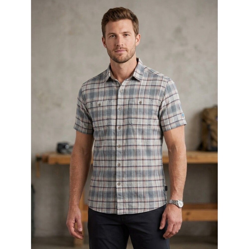 KUHL Skorpio Shirt Mens Medium M Plaid Short Sleeve Linen Cotton Button Up